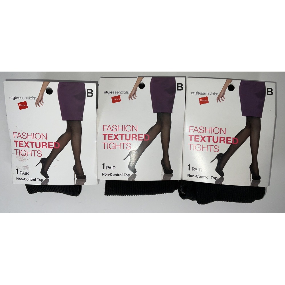 NIP‎ Lot 3 Pairs Hanes Stylessentials Fashion Textured Tights Black Size B